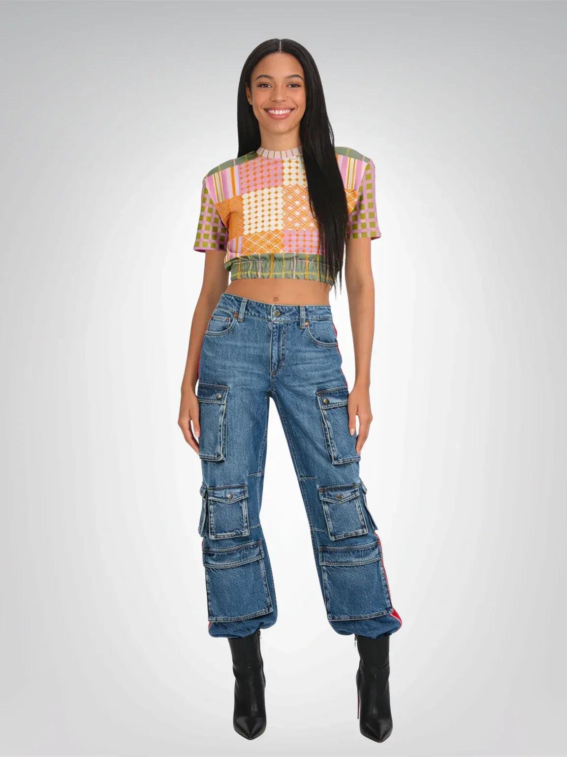 Pink Blush Over Me Patchwork Eco-Poly Short Sleeve Cropped Pullover