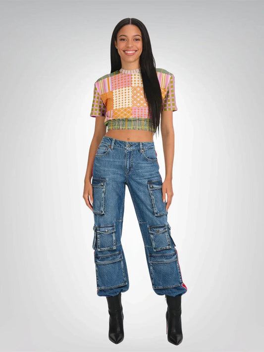 Pink Blush Over Me Patchwork Eco-Poly Short Sleeve Cropped Pullover