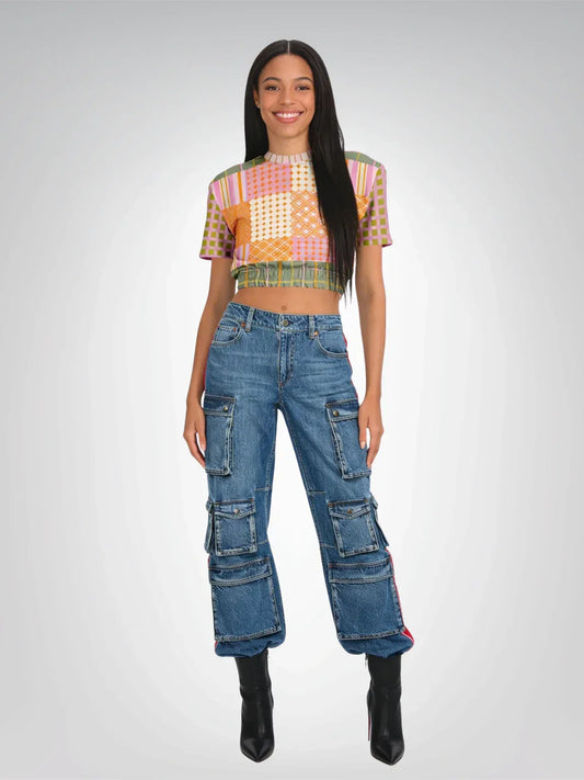 Pink Blush Over Me Patchwork Eco-Poly Short Sleeve Cropped Pullover