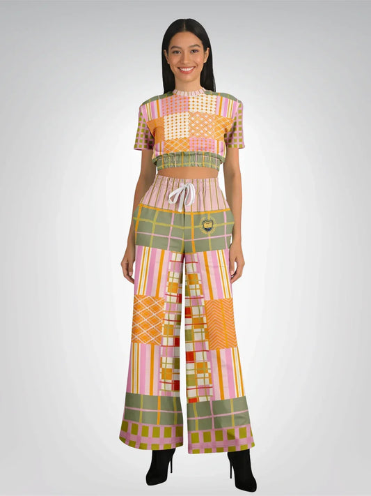 Pink Blush Over Me Patchwork Eco-Poly Short Sleeve Cropped Pullover