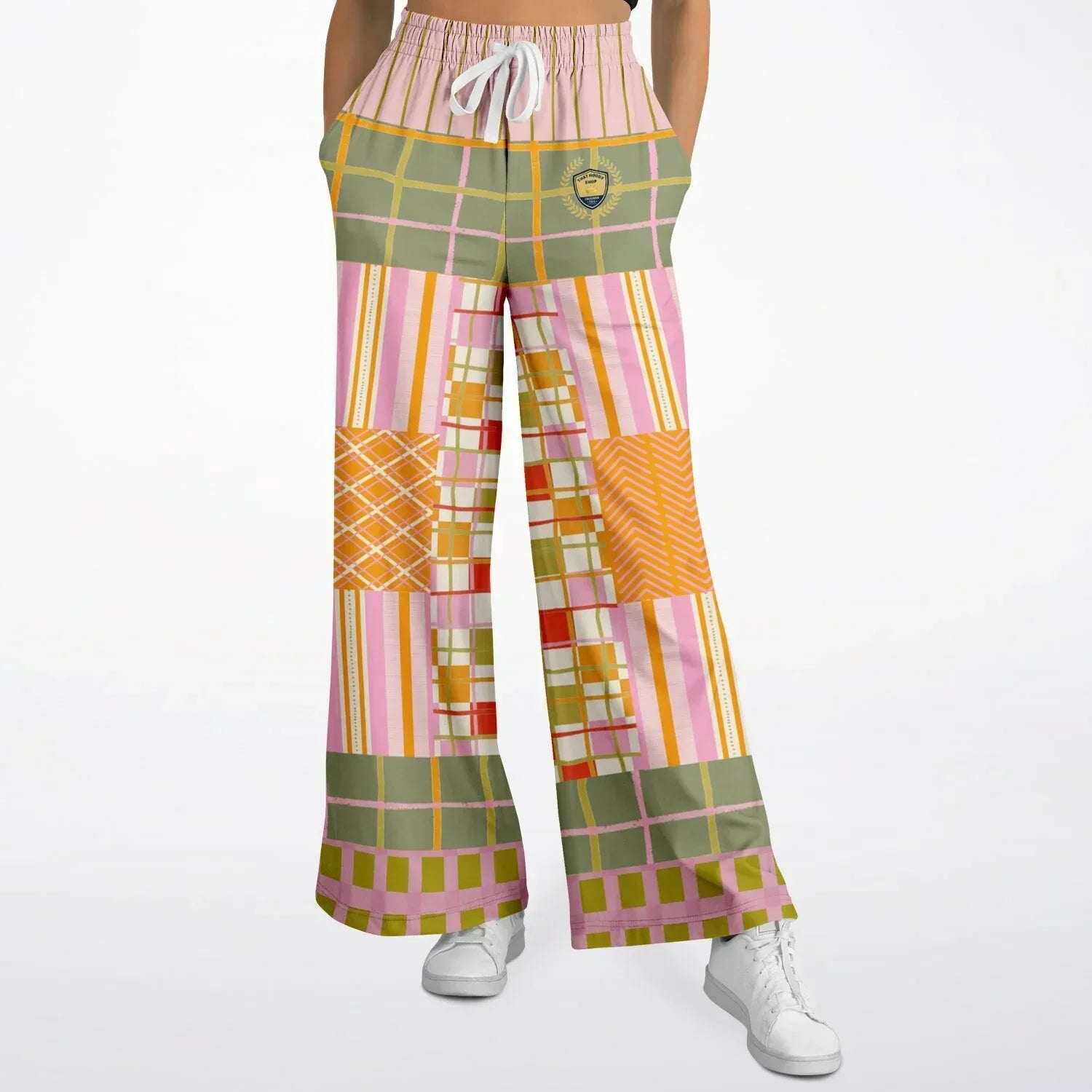 Pink Blush Over Me Patchwork Print Eco-Poly Wide Leg Pants