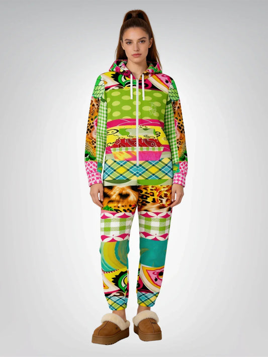 Pink Cerise Cheetah Floral Plaid Unisex Fleece Romper