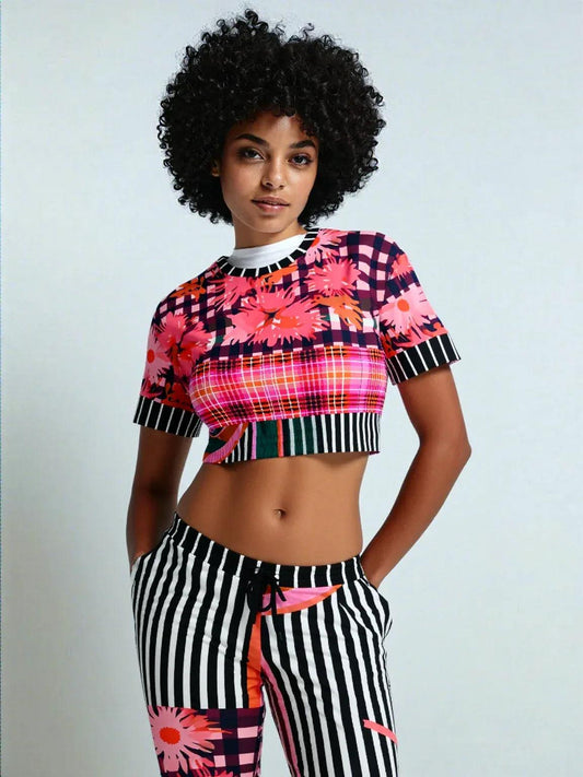 Pink Chrysanthemum Plaid Floral Eco-Poly Short Sleeve Cropped Pullover