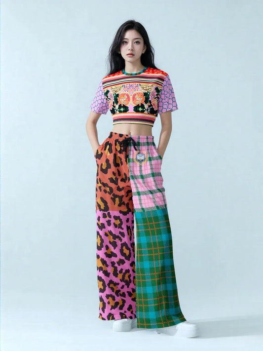 Pink Passion Haberdashery Plaid Patchwork Eco-Poly Wide Leg Pants