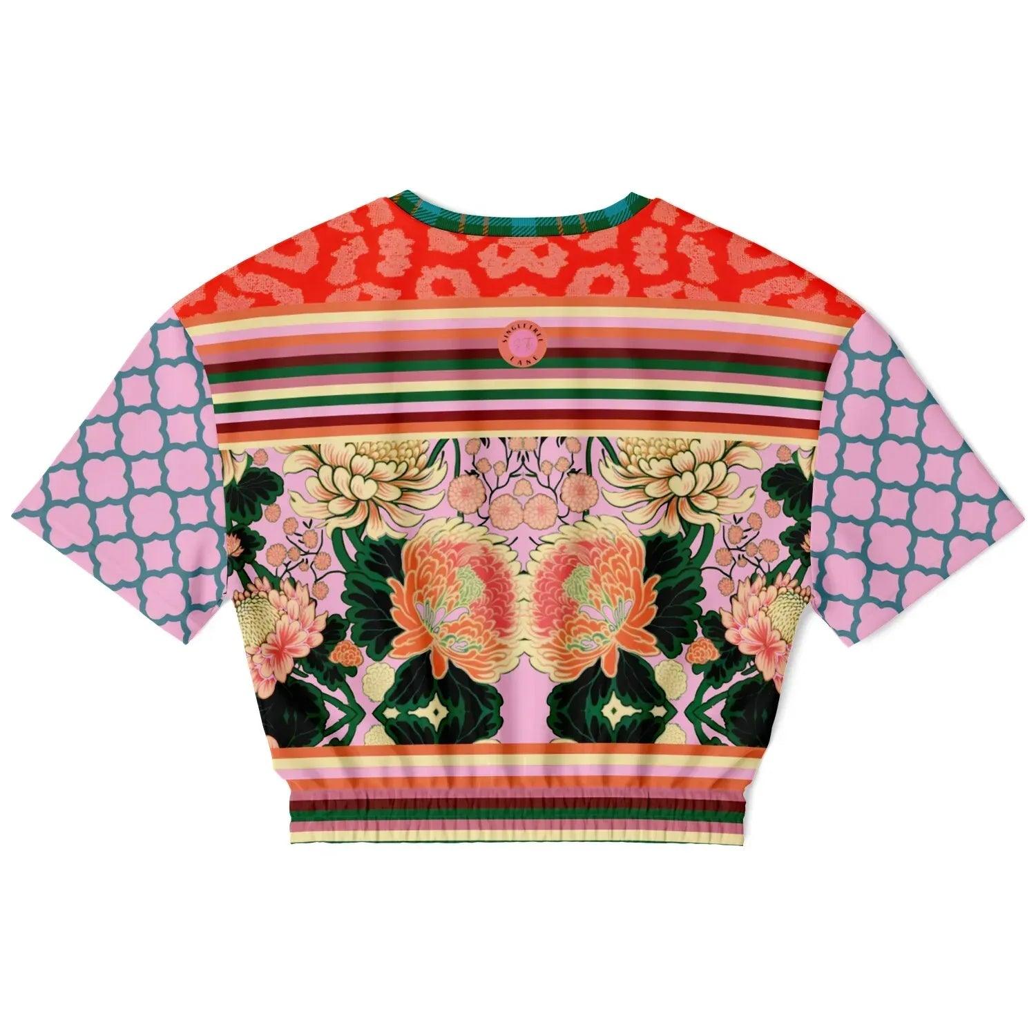 Pink Zen Blossom Chrysanthemum Asian Floral Eco-Poly Short Sleeve Cropped Pullover