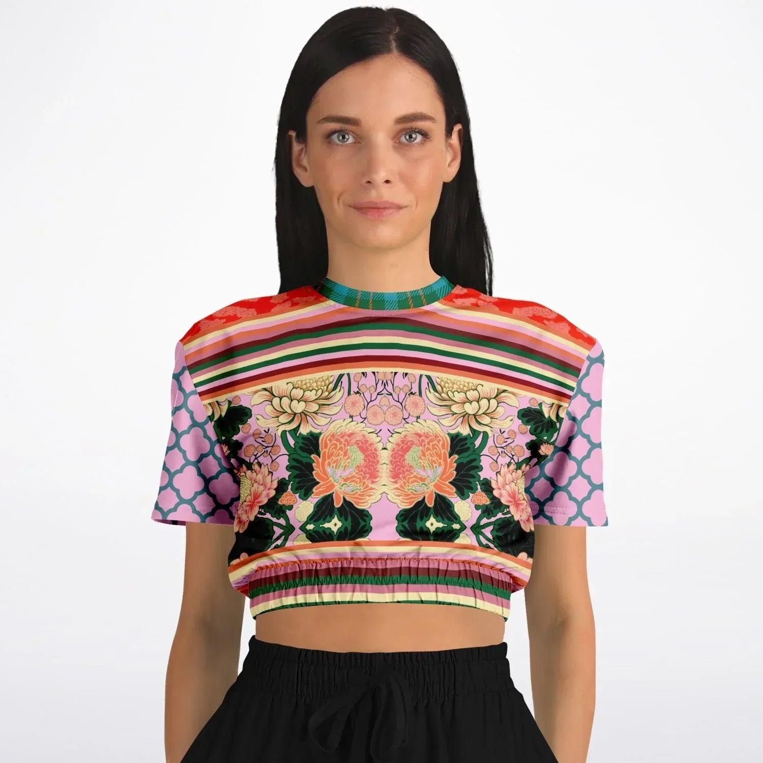 Pink Zen Blossom Chrysanthemum Asian Floral Eco-Poly Short Sleeve Cropped Pullover