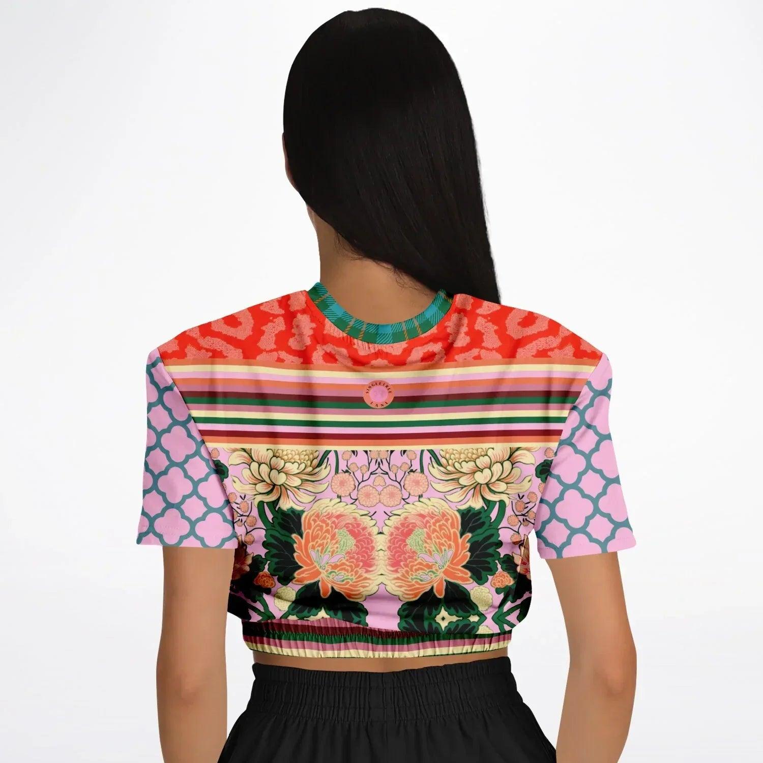 Pink Zen Blossom Chrysanthemum Asian Floral Eco-Poly Short Sleeve Cropped Pullover