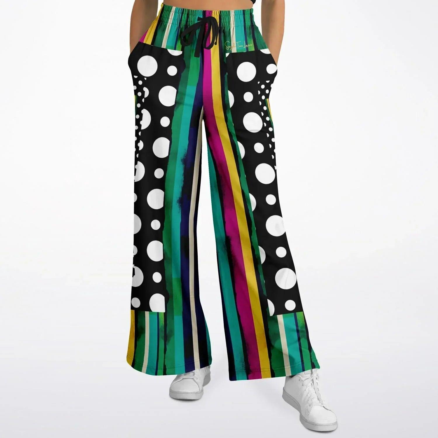 Pink in the Black Patchwork Stripe Eco-Poly Wide Leg Pants