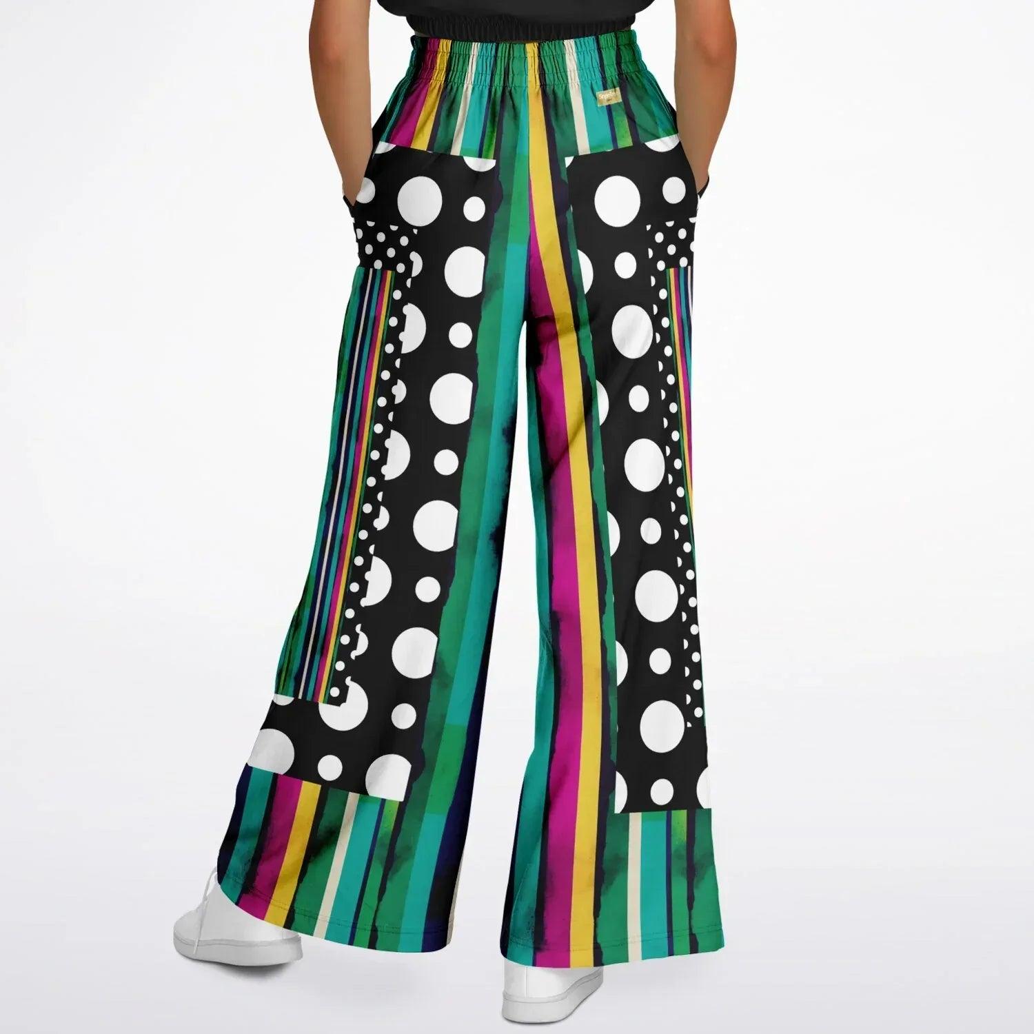 Pink in the Black Patchwork Stripe Eco-Poly Wide Leg Pants