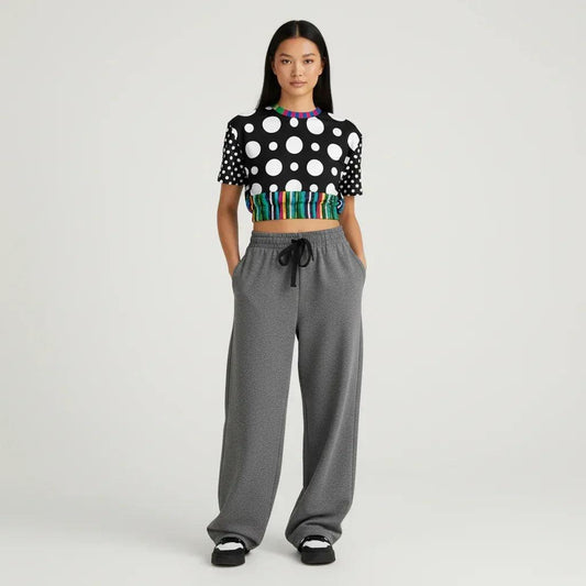 Pink in the Black Stripe and Dots Eco-Poly Short Sleeve Cropped Pullover