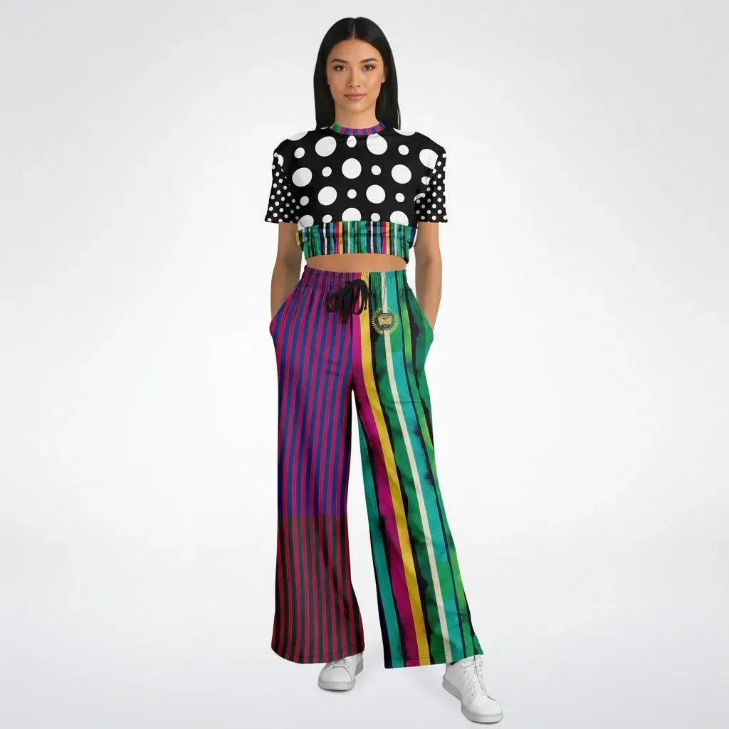 Pink in the Black Stripe and Dots Eco-Poly Short Sleeve Cropped Pullover