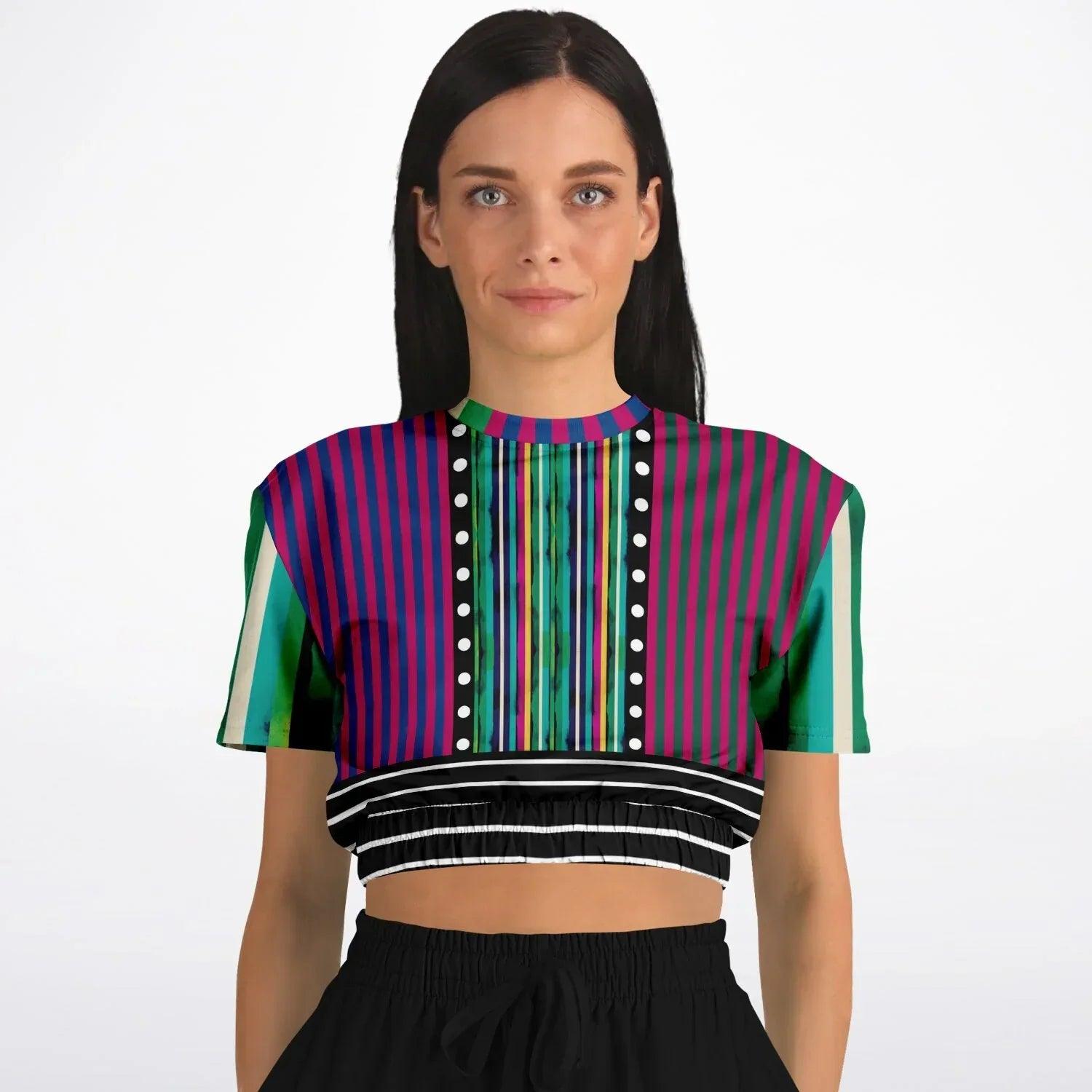 Pink in the Black Stripe Eco-Poly Short Sleeve Cropped Pullover