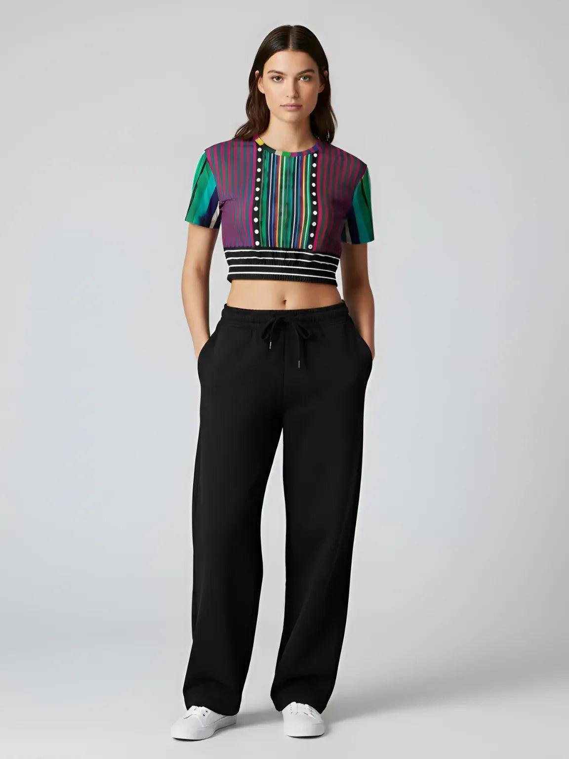 Pink in the Black Stripe Eco-Poly Short Sleeve Cropped Pullover