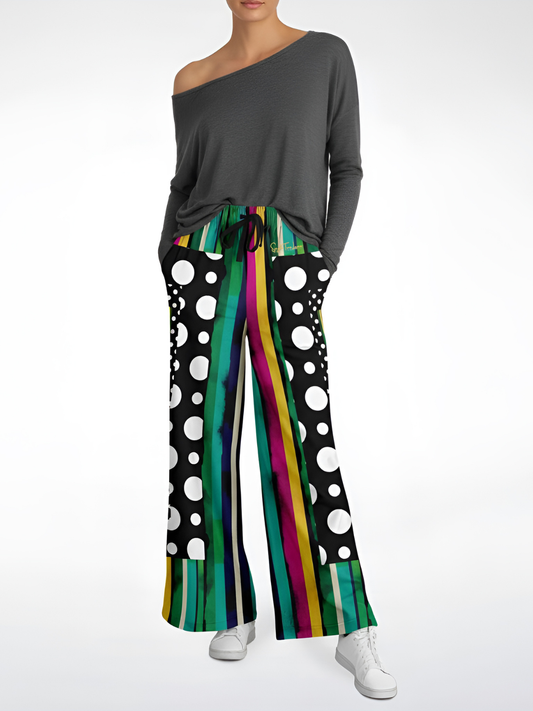 Pink in the Black Patchwork Stripe Eco-Poly Wide Leg Pants