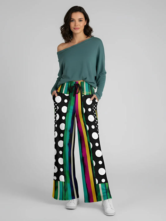 Pink in the Black Patchwork Stripe Eco-Poly Wide Leg Pants