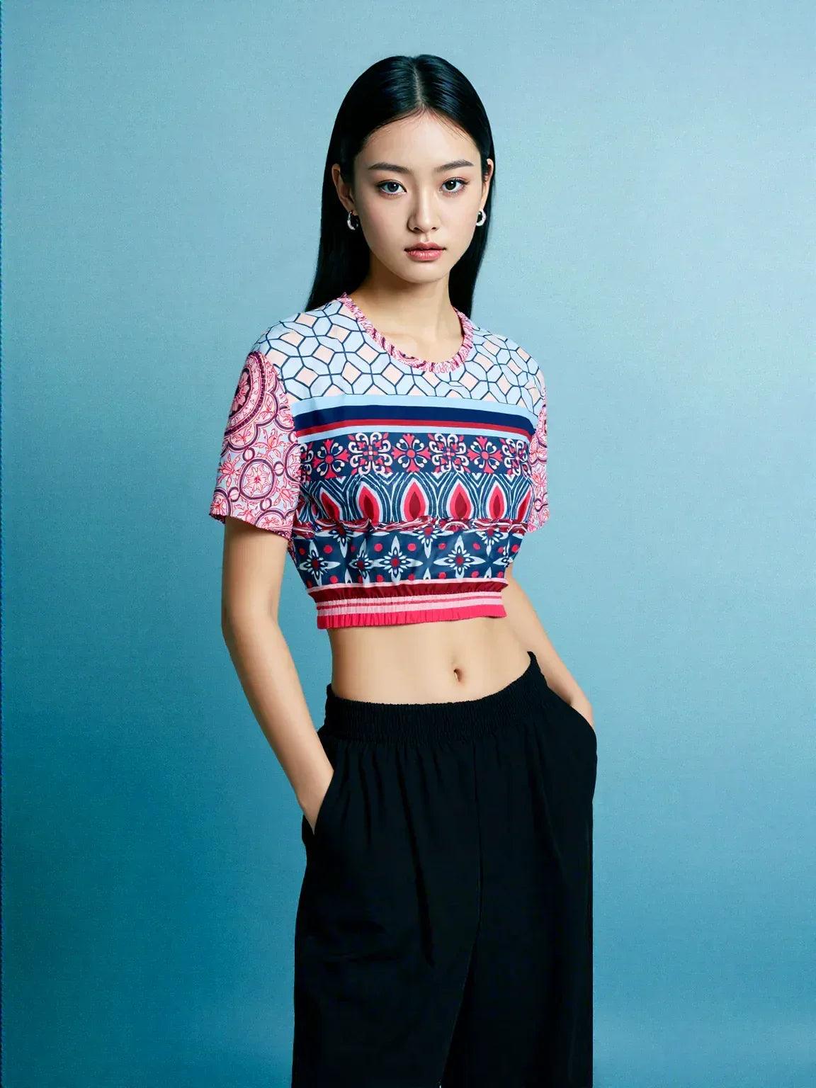 Pink Montauk Geo Denim Patchwork Eco-Poly Cropped Short Sleeve Pullover