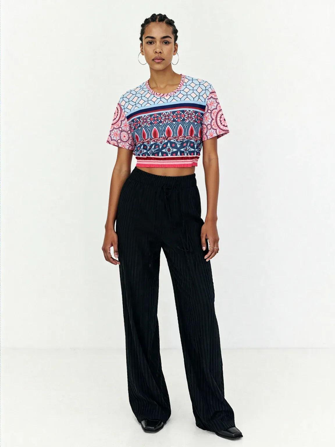 Pink Montauk Geo Denim Patchwork Eco-Poly Cropped Short Sleeve Pullover