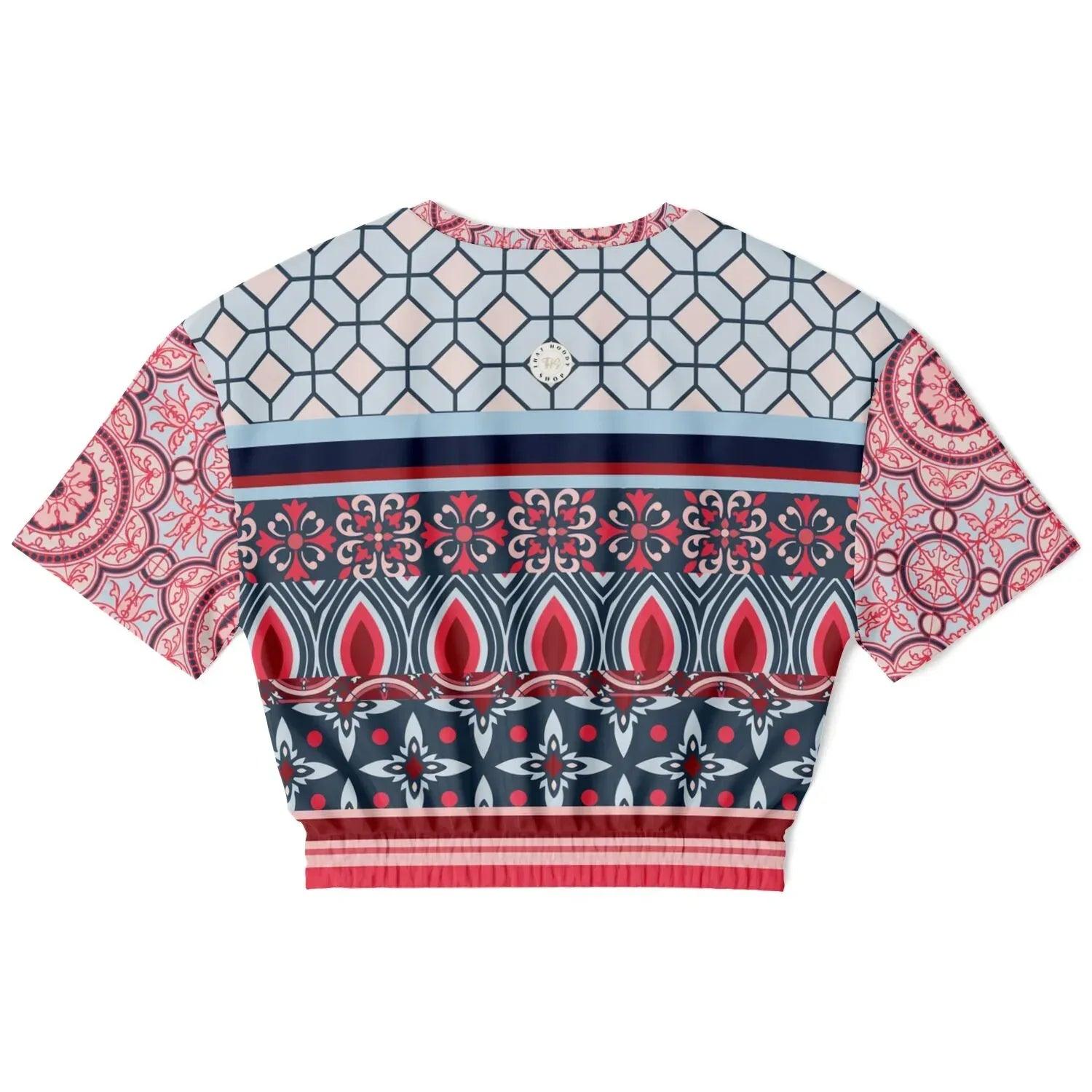 Pink Montauk Geo Denim Patchwork Eco-Poly Cropped Short Sleeve Pullover
