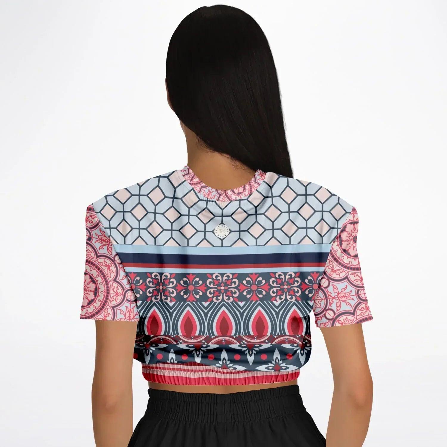 Pink Montauk Geo Denim Patchwork Eco-Poly Cropped Short Sleeve Pullover