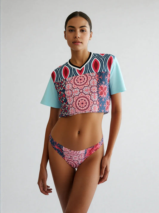 Pink Montauk Geo Patchwork Eco-Poly V-Neck Crop Jersey