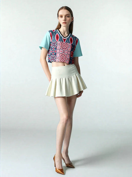 Pink Montauk Geo Patchwork Eco-Poly V-Neck Crop Jersey