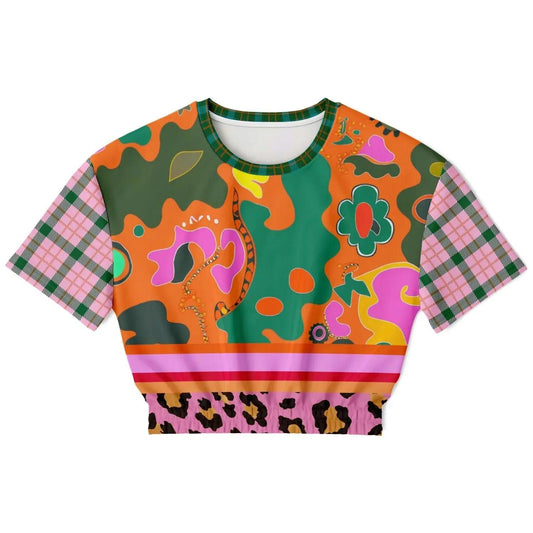 Pink Passion Haberdashery Abstract Plaid Floral Eco-Poly Short Sleeve Cropped Pullover