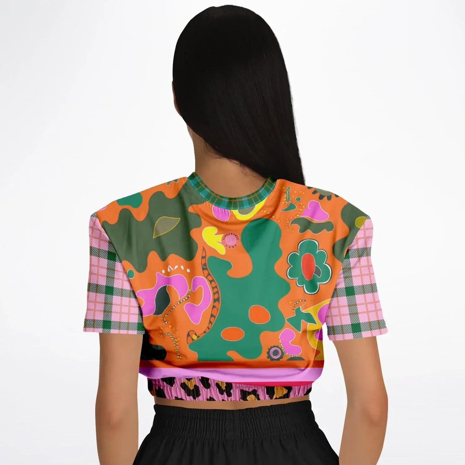 Pink Passion Haberdashery Abstract Plaid Floral Eco-Poly Short Sleeve Cropped Pullover