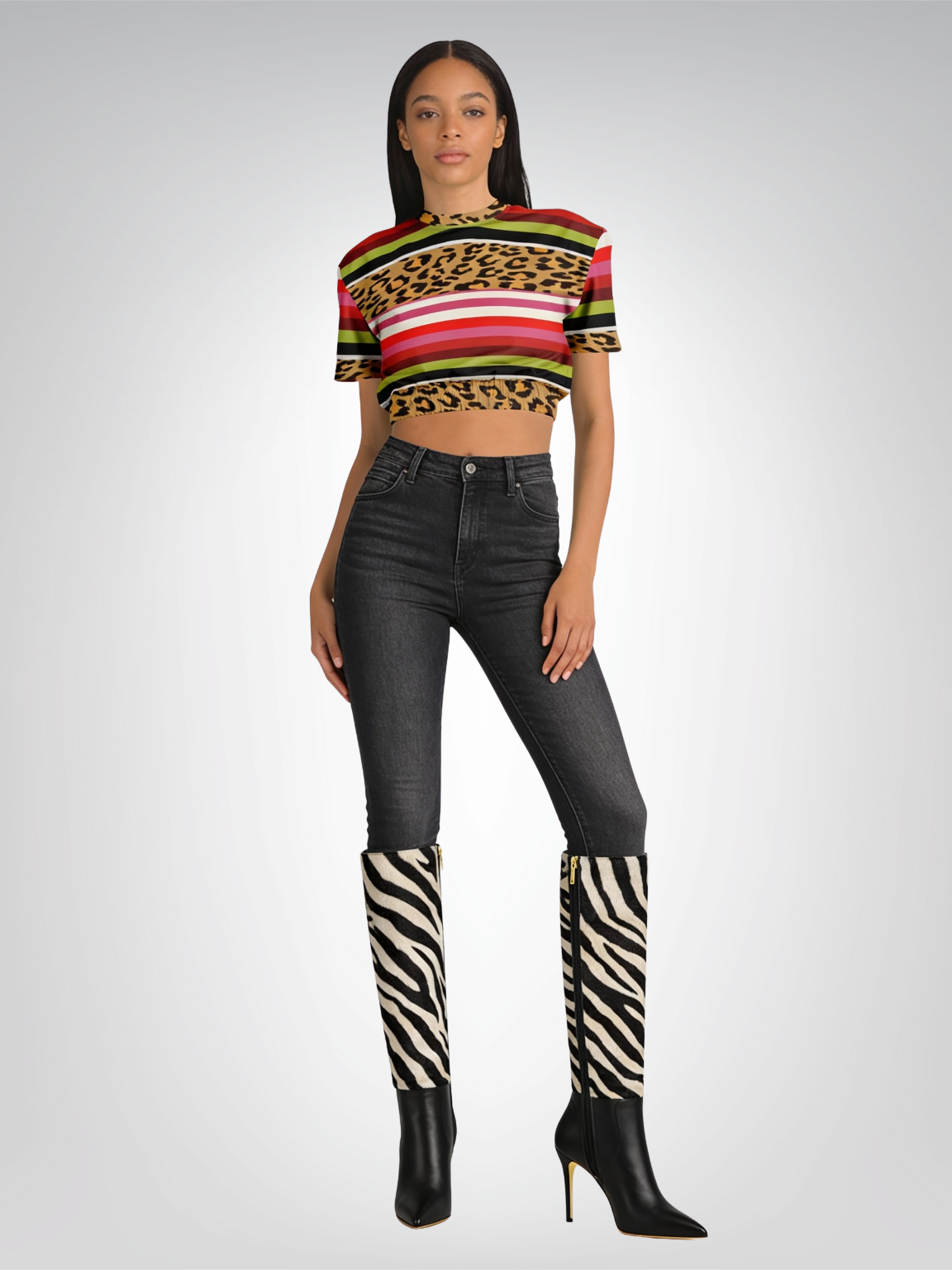 Pink Posie Stripe Cheetah Animal Print Eco-Poly Cropped Pullover