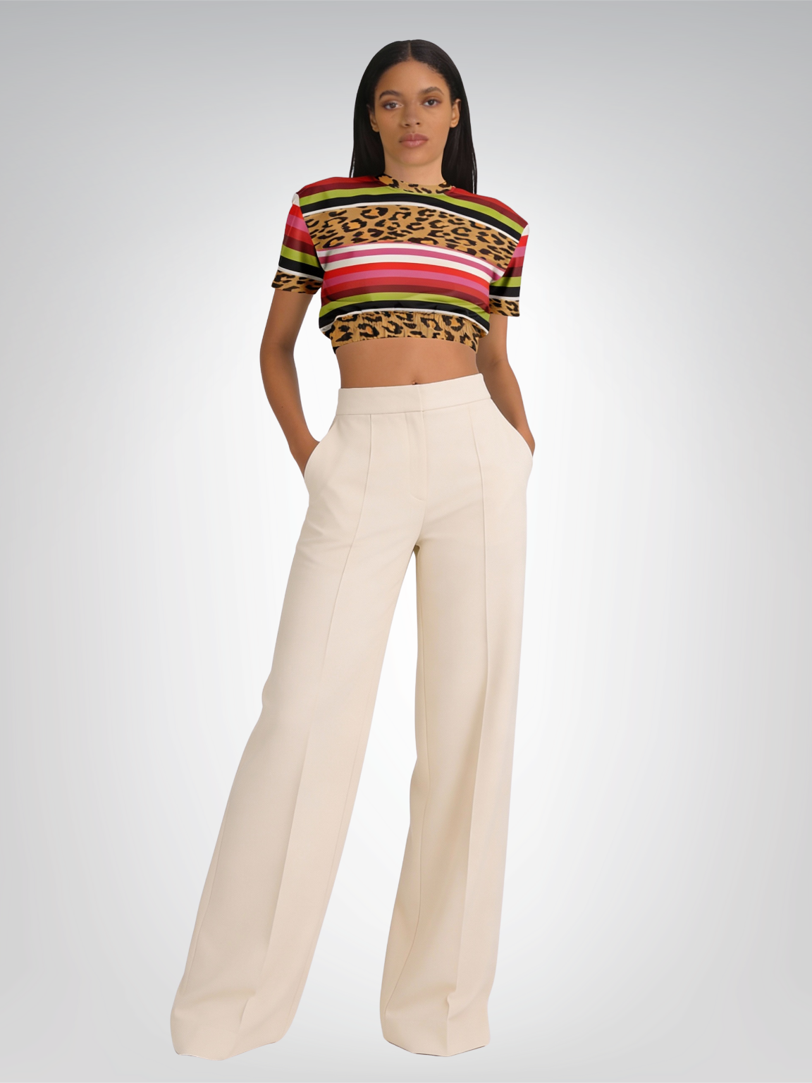 Pink Posie Stripe Cheetah Animal Print Eco-Poly Cropped Pullover