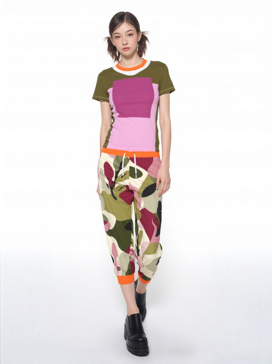 Pink Squared Geometric Print Colorful AOP Women's Tee