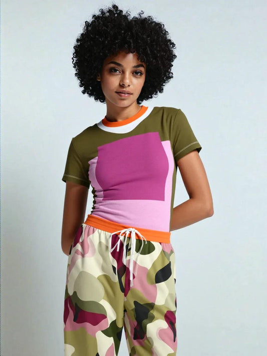 Pink Squared Geometric Print Colorful AOP Women's Tee