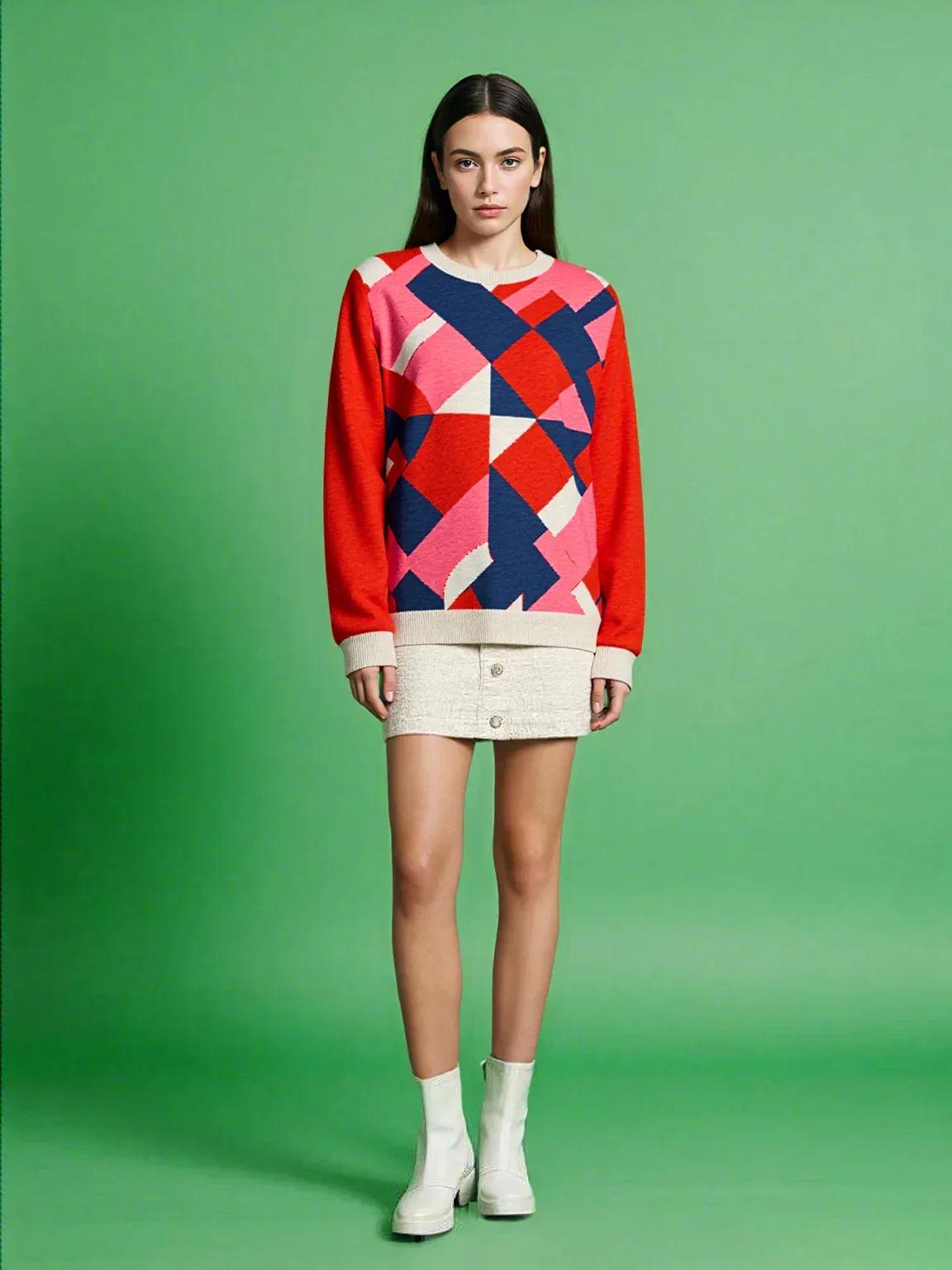 Pink Striped in Red Geo Knitted Crewneck Sweater