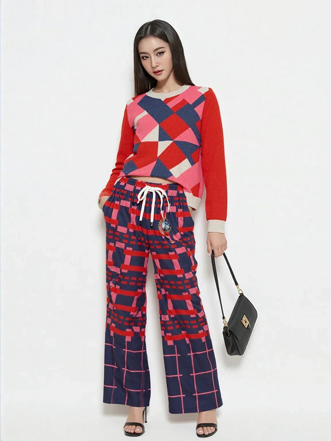 Pink Striped in Red Geo Knitted Crewneck Sweater