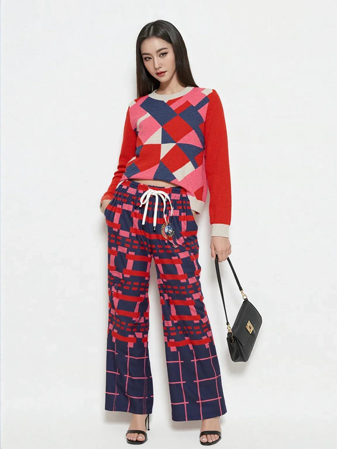 Navy and Coral Square Olympia Plaid Eco-Poly Short Sleeve Cropped Pullover