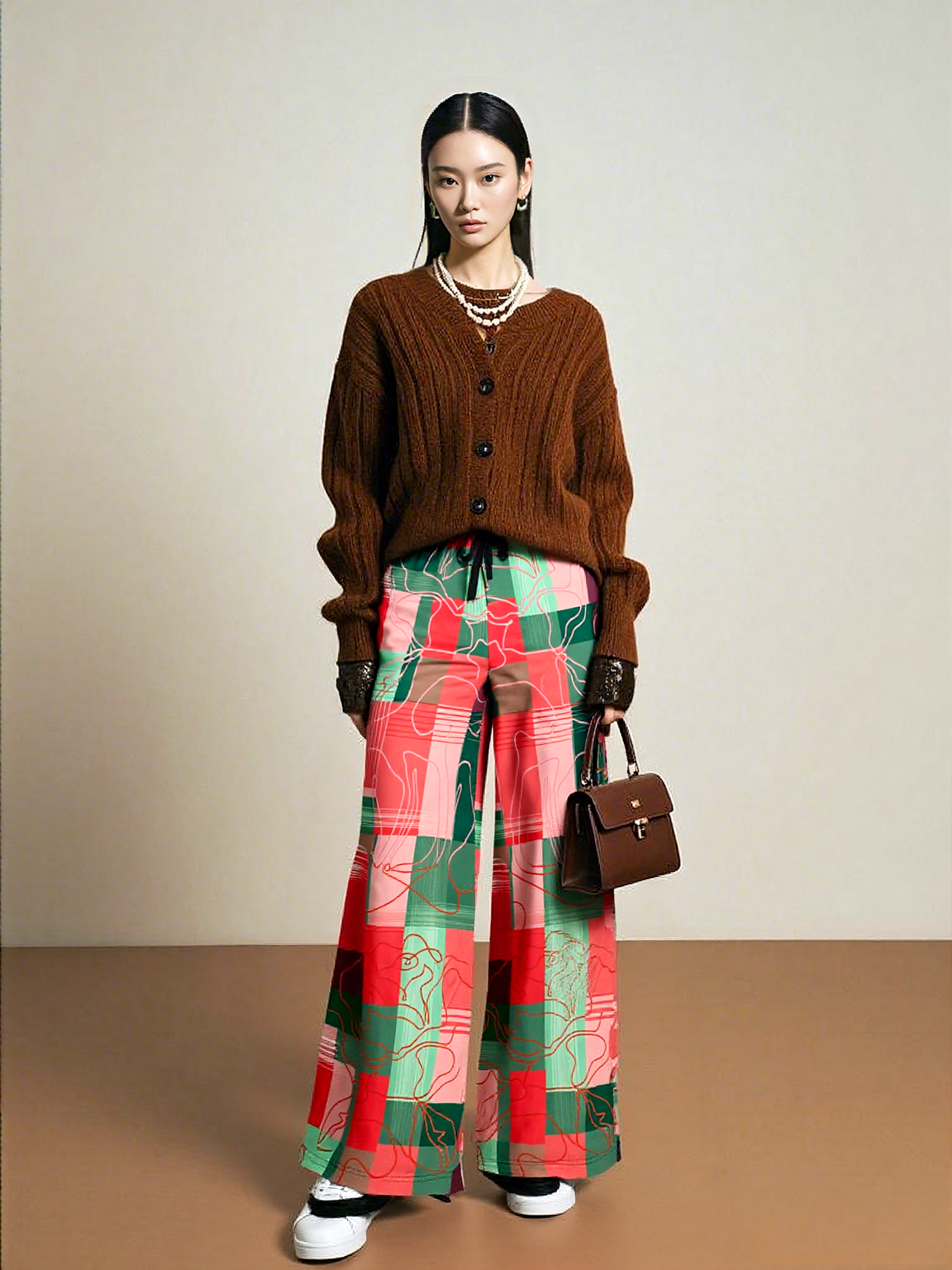 Pink Watermelon Patchwork Plaid Eco-Poly Wide Leg Pants
