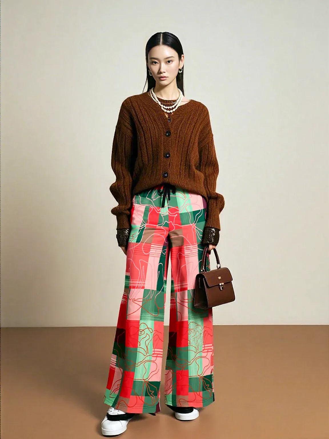 Pink Watermelon Patchwork Plaid Eco-Poly Wide Leg Pants