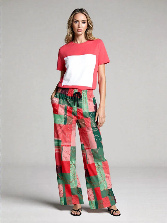 Pink Watermelon Patchwork Plaid Eco-Poly Wide Leg Pants