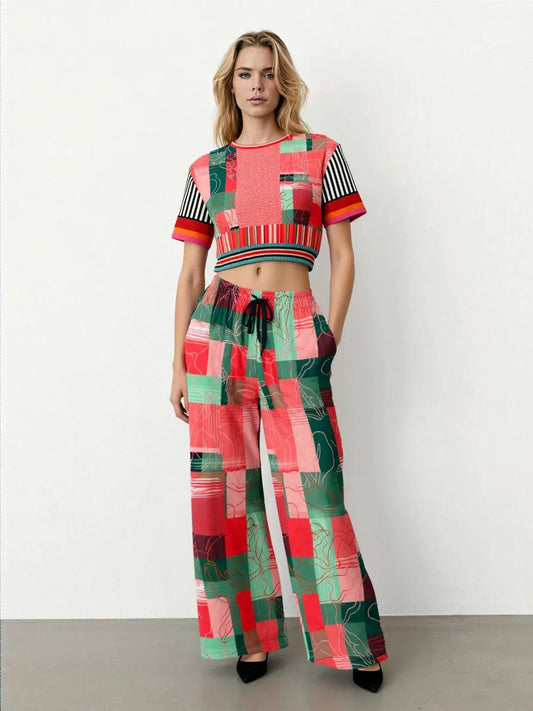 Pink Watermelon Patchwork Plaid Eco-Poly Short Sleeve Cropped Pullover