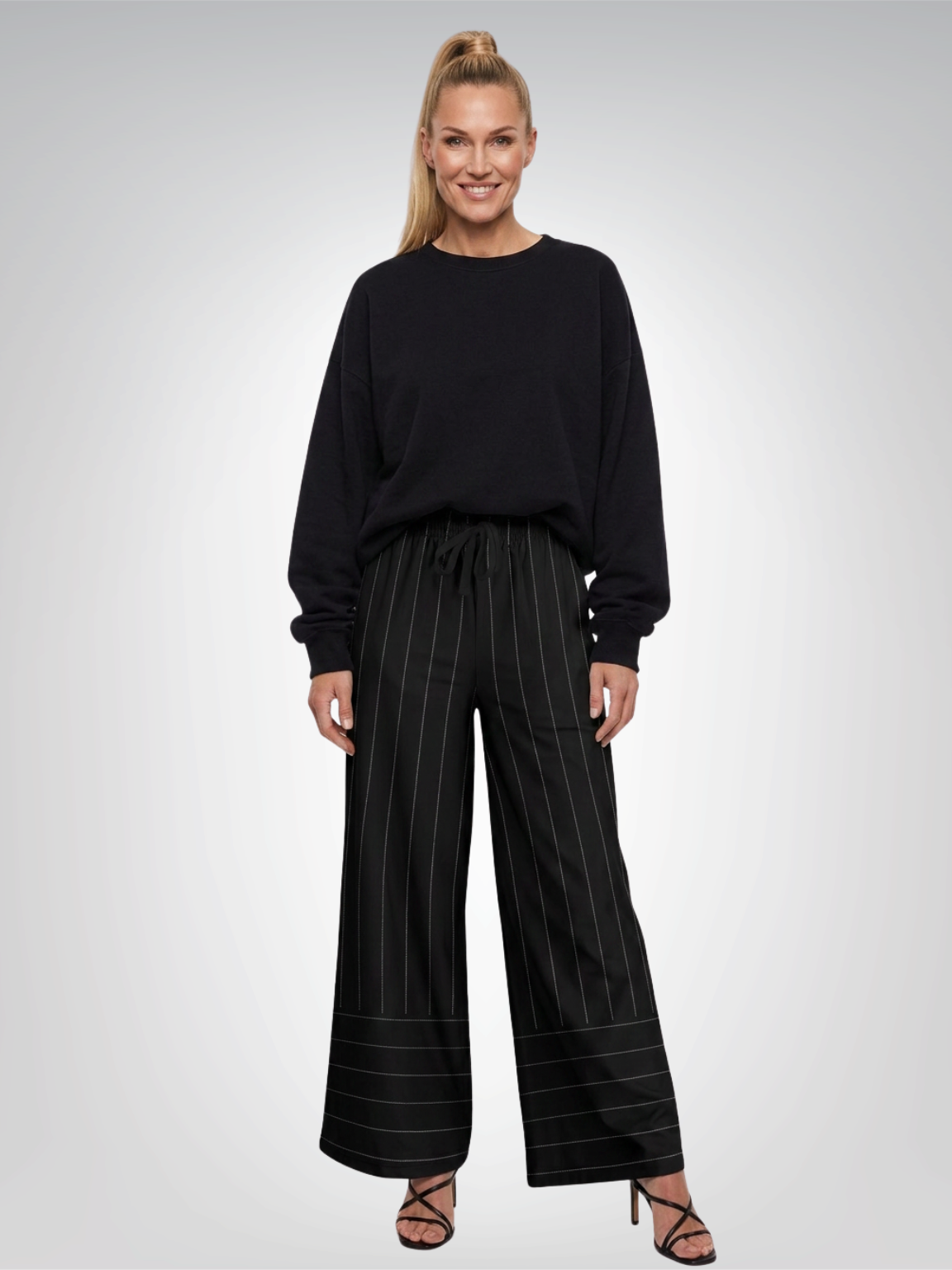 Pinstripes in Ebony & Smoke Eco-Poly Wide Leg Pants