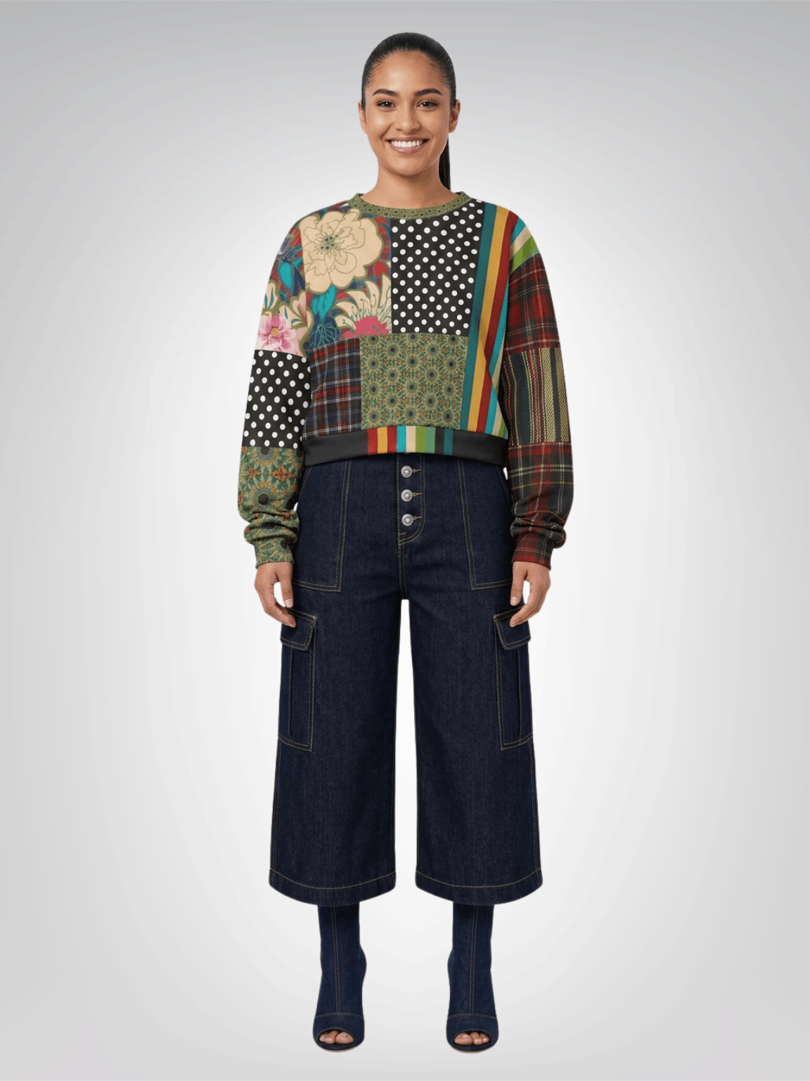 Plaid About Flowers Patchwork Cropped Sweatshirt (Gold Label)