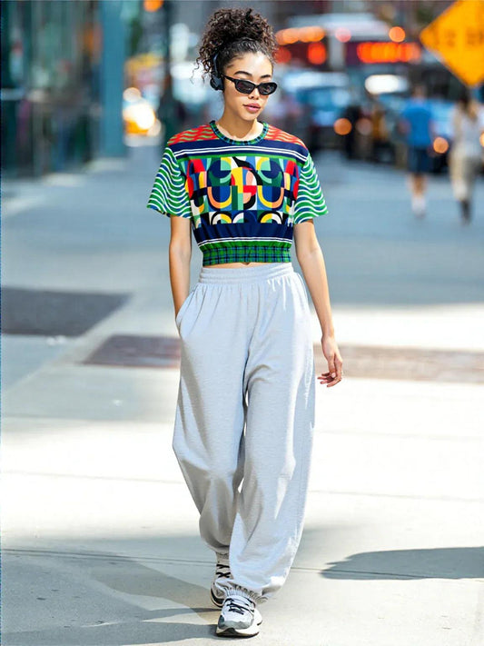 Plain Is Not My Vibe Geometric Print Eco-Poly Short Sleeve Cropped Pullover