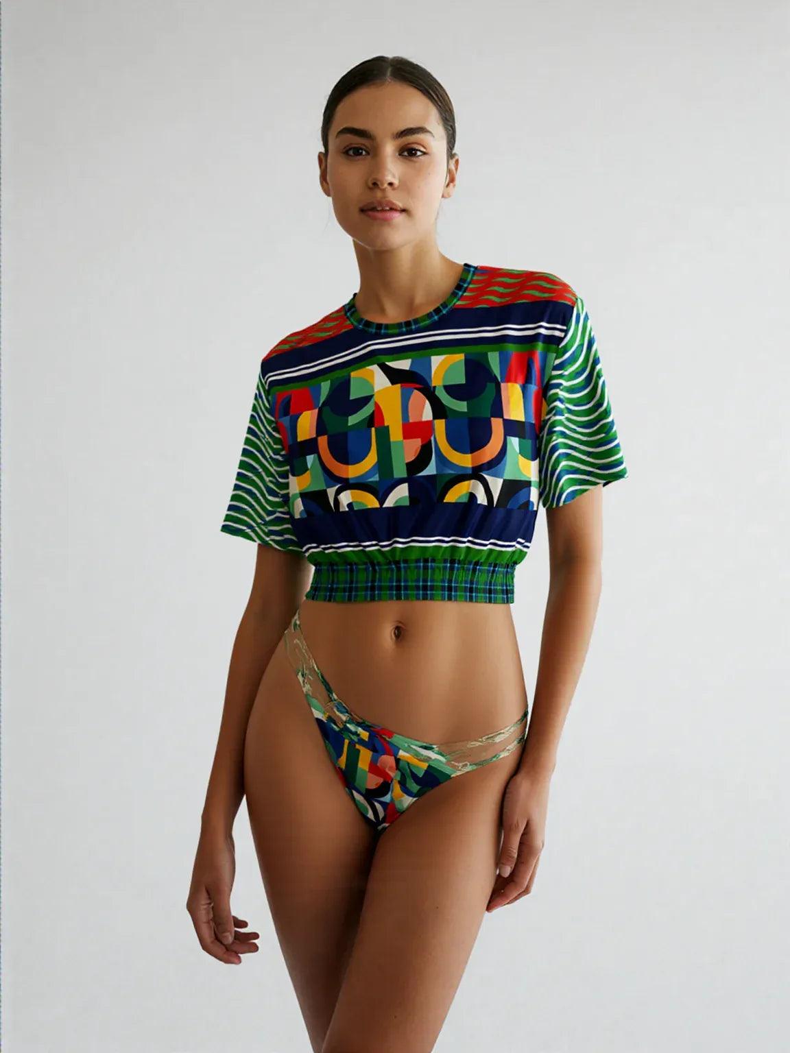Plain Is Not My Vibe Geometric Print Eco-Poly Short Sleeve Cropped Pullover