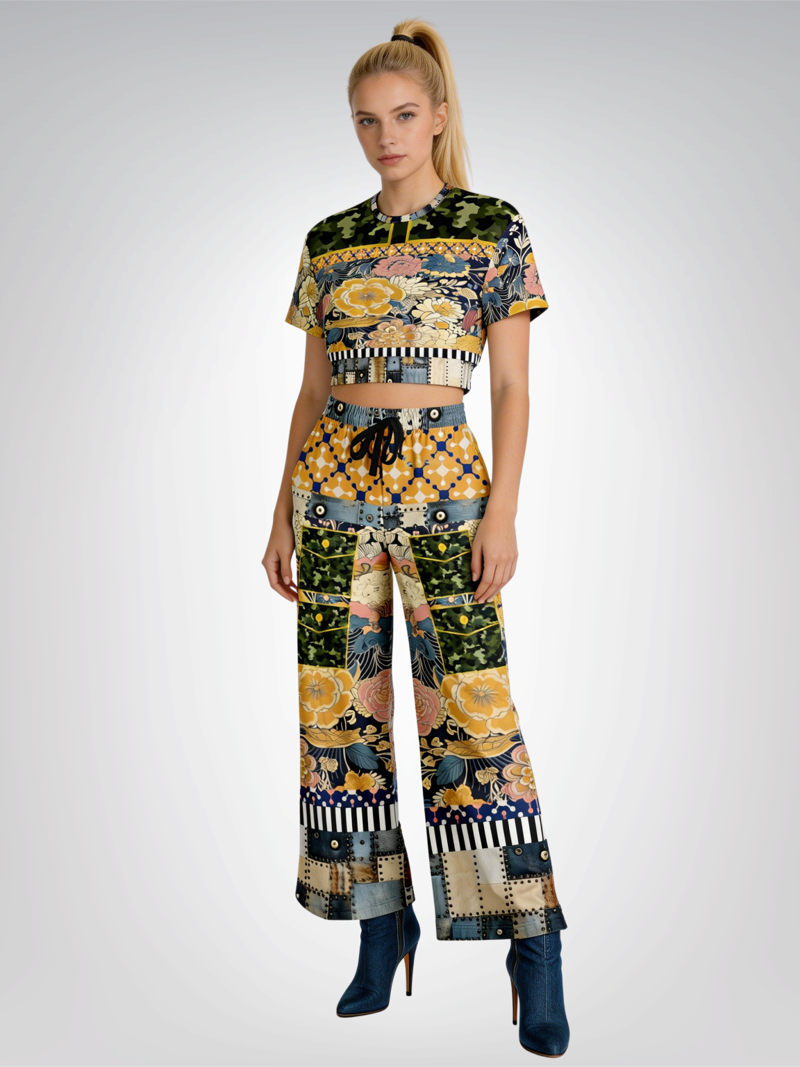 Playing Jax in Marigold Floral Eco-Poly Short Sleeve Cropped Pullover