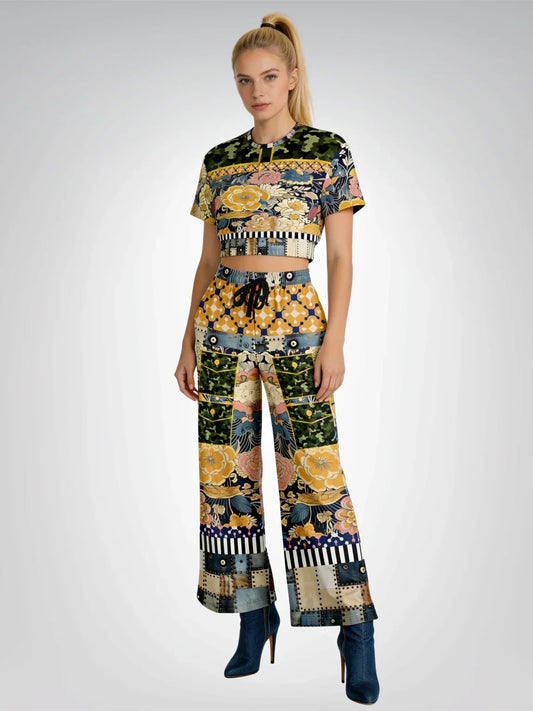 Playing Jax in Marigold Floral Eco-Poly Short Sleeve Cropped Pullover