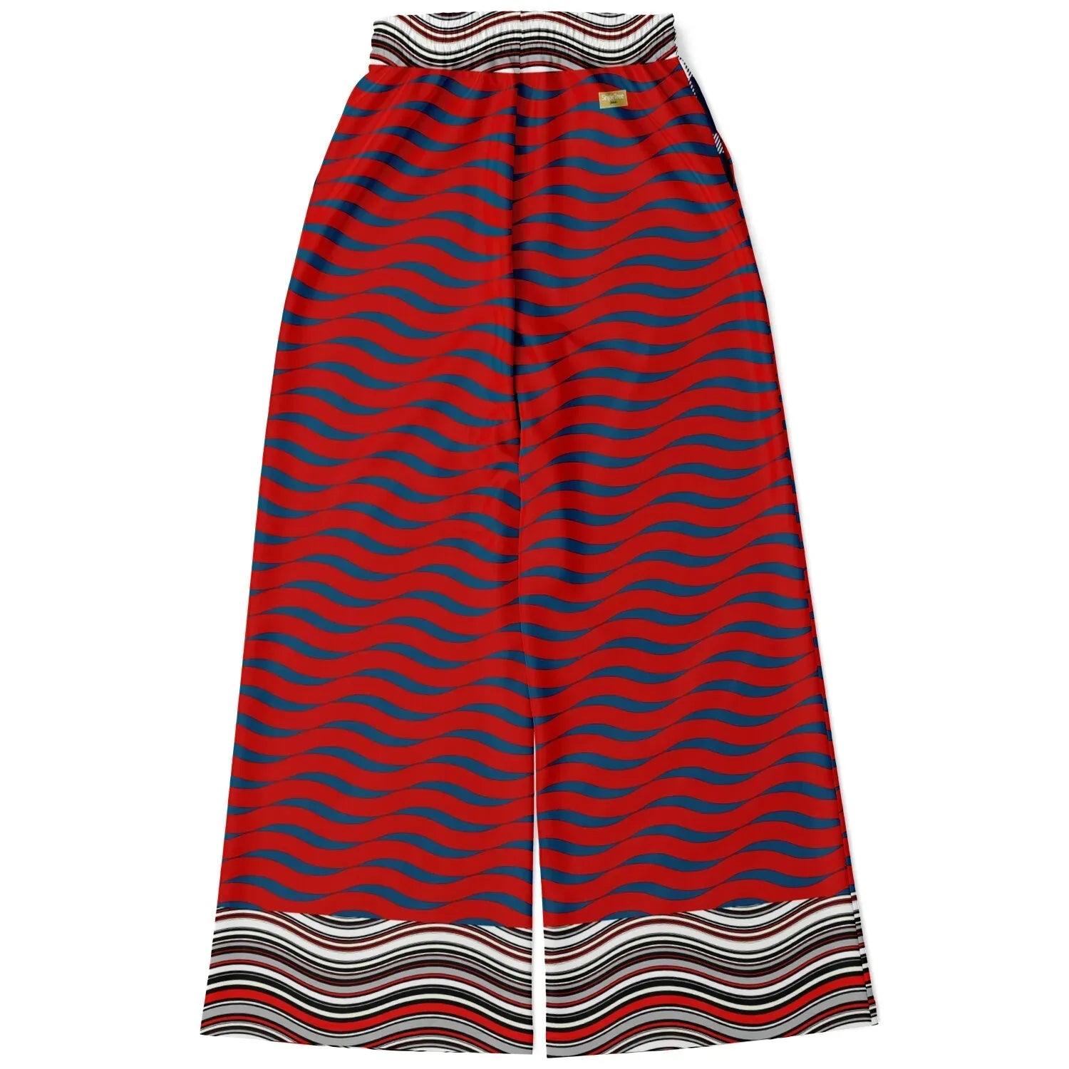 Polyamory in Red and Blue Wavy Stripes Eco-Poly Eco-Poly Wide Leg Pants