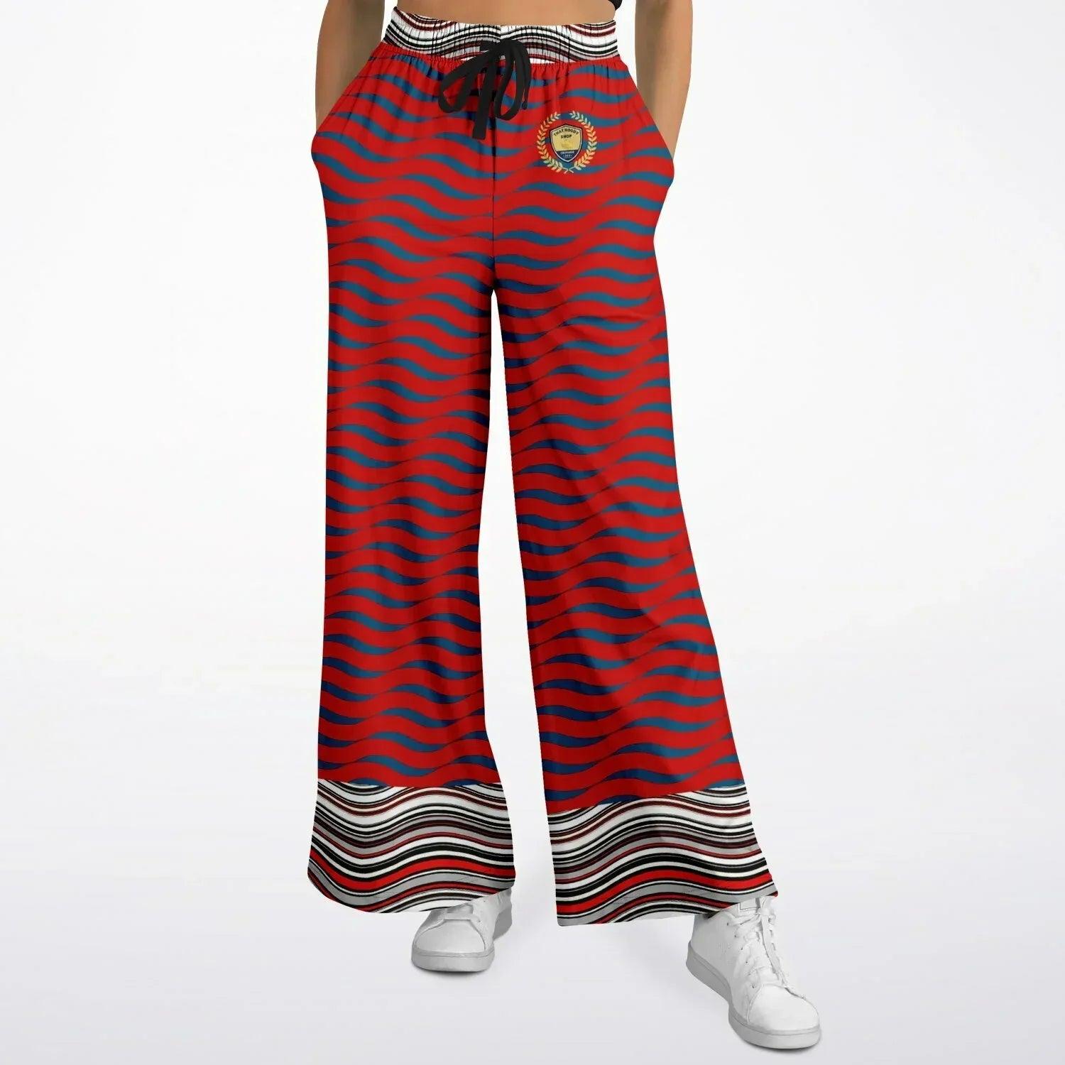 Polyamory in Red and Blue Wavy Stripes Eco-Poly Eco-Poly Wide Leg Pants