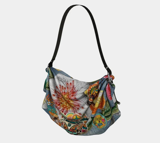 Hippie Girl Heathered Denim Floral Print SE Hobo Scarf Bag