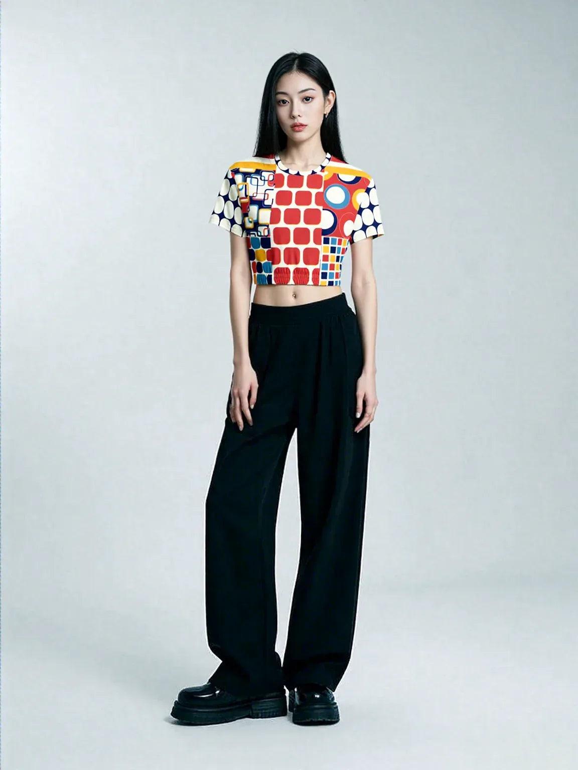 Primary Skool Geo Print Eco-Poly Short Sleeve Cropped Pullover