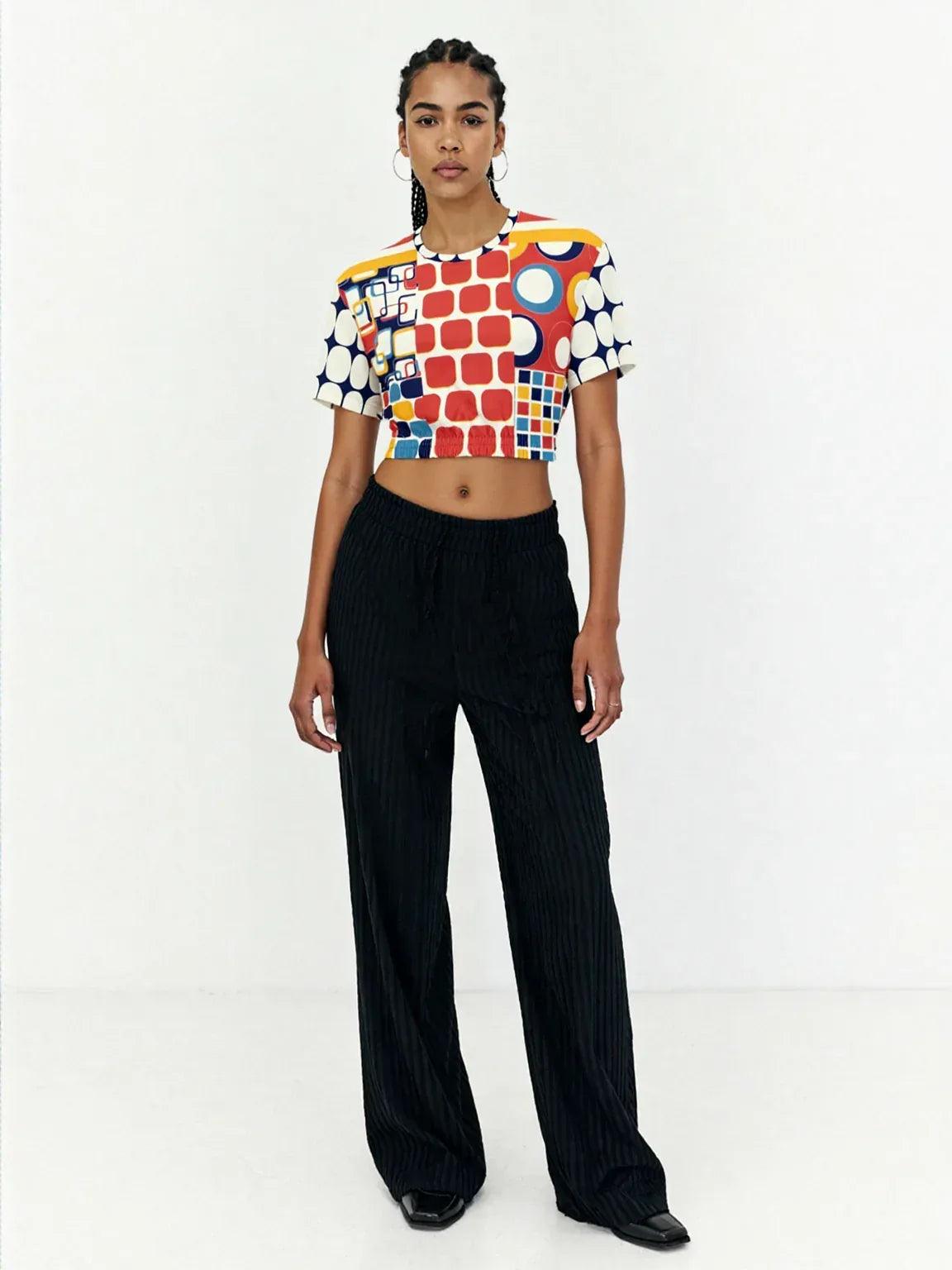 Primary Skool Geo Print Eco-Poly Short Sleeve Cropped Pullover