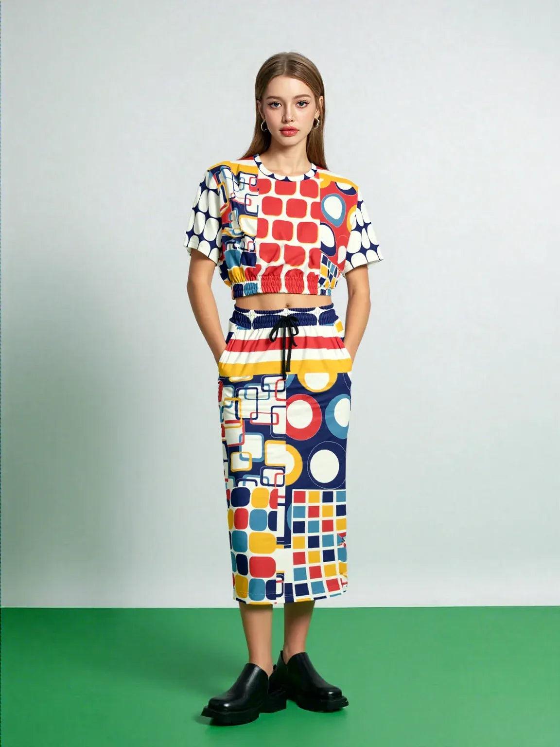 Primary Skool Geometric Print Eco-Poly Long Maxi Skirt